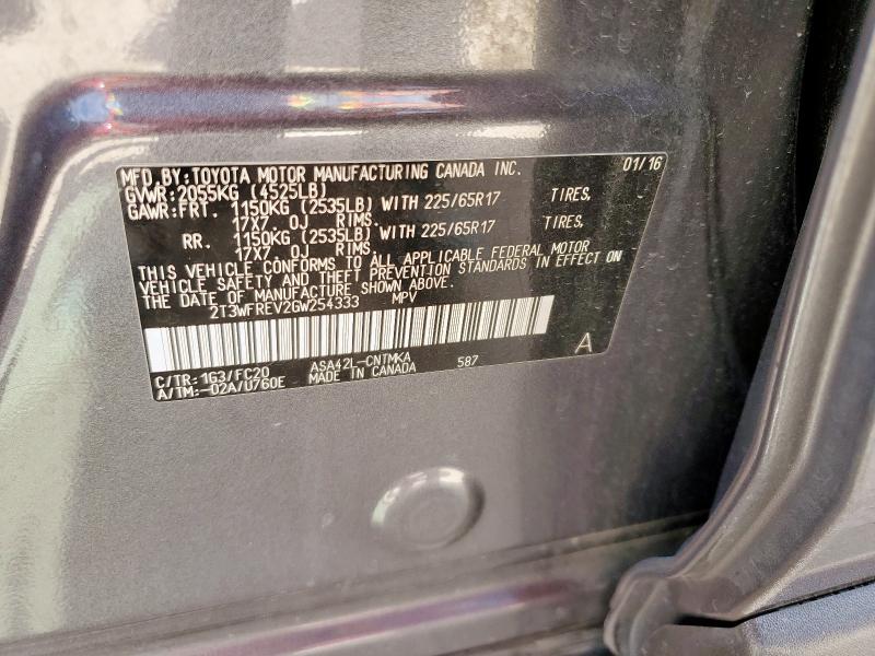 2T3WFREV2GW254333 - 2016 TOYOTA RAV4 XLE გრაფიტი ფოტო 12