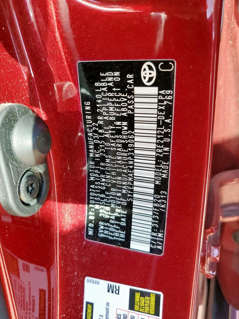 5YFEPMAE4NP319062 - 2022 TOYOTA COROLLA LE 红色 照片 12