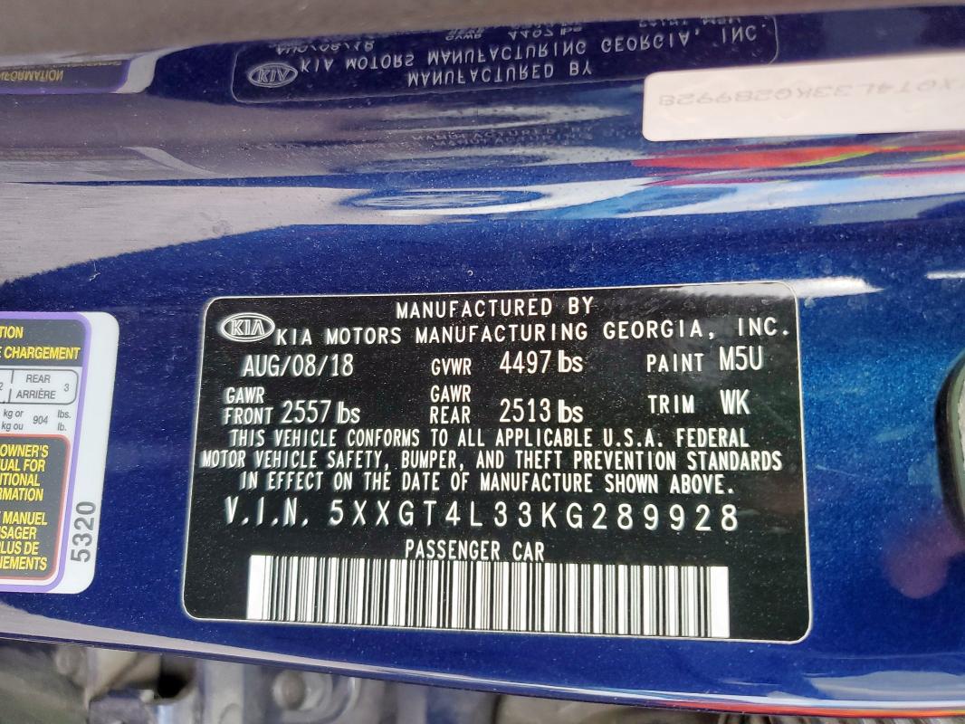 5XXGT4L33KG289928 - 2019 KIA OPTIMA LX Blau Foto 12