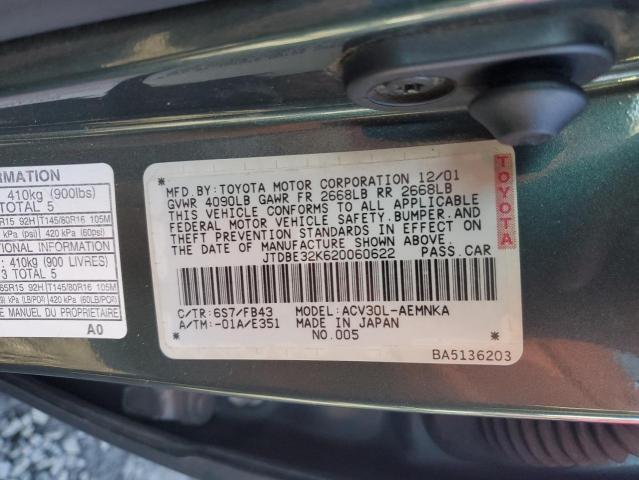 JTDBE32K620060622 - 2002 TOYOTA CAMRY LE Yeşil fotoğraf 12