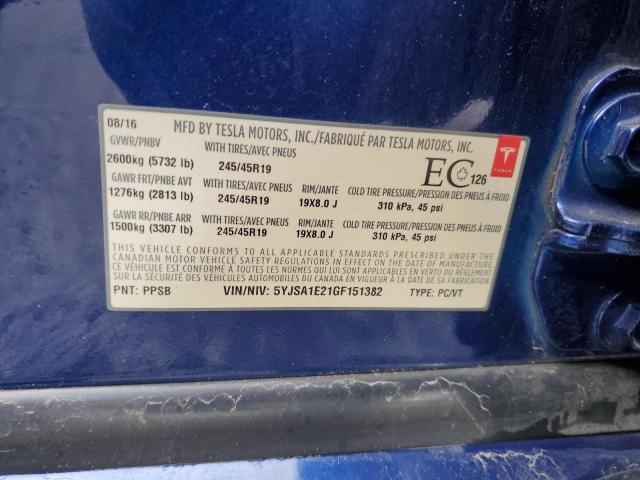 5YJSA1E21GF151382 - 2016 TESLA MODEL S BLUE photo 12