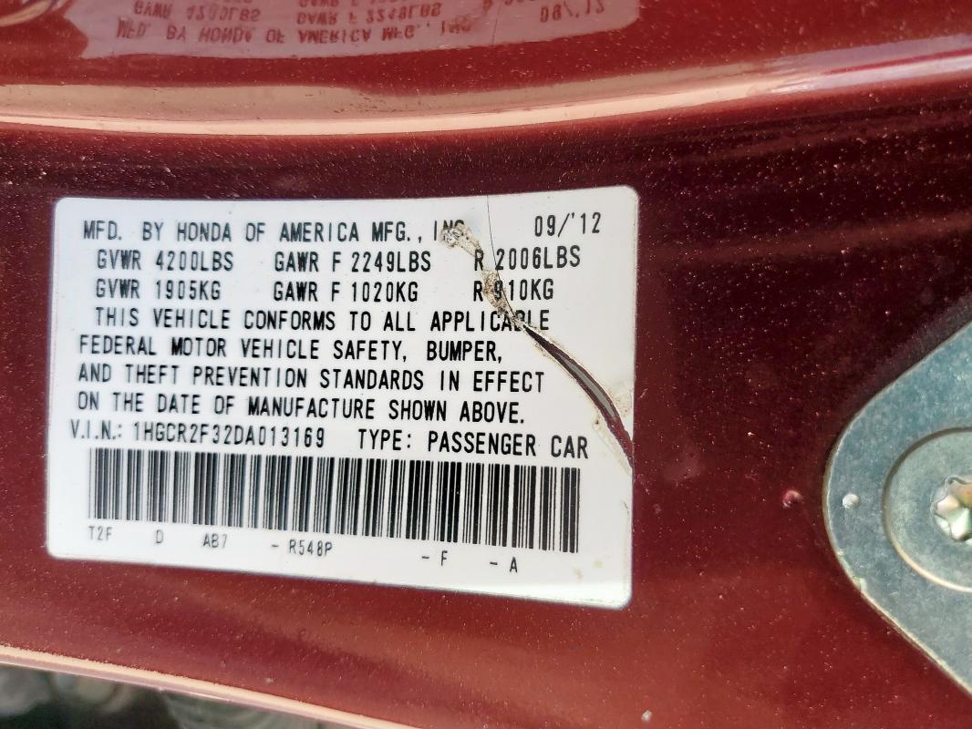 1HGCR2F32DA013169 - 2013 HONDA ACCORD LX Marron photo 12