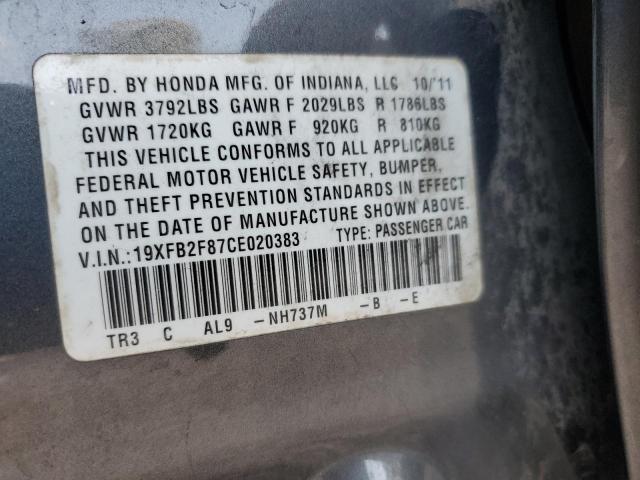 19XFB2F87CE020383 - 2012 HONDA CIVIC EX GRAY photo 12