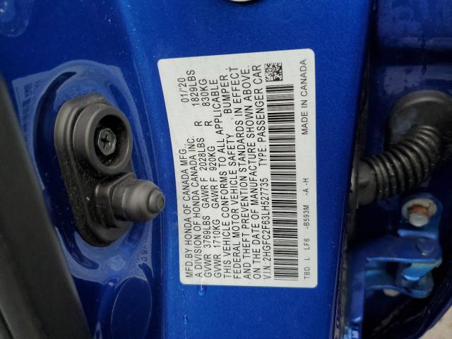 2HGFC2F63LH527735 - 2020 HONDA CIVIC LX BLUE photo 12