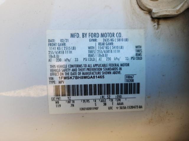 1FMSK7BH8MGA81465 - 2021 FORD EXPLORER WHITE photo 13