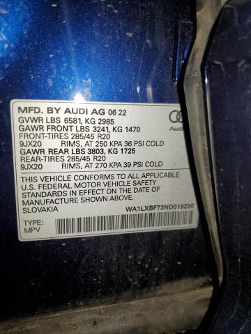 WA1LXBF73ND019290 - 2022 AUDI Q7 PREMIUM PLUS Կապույտ լուսանկար 14