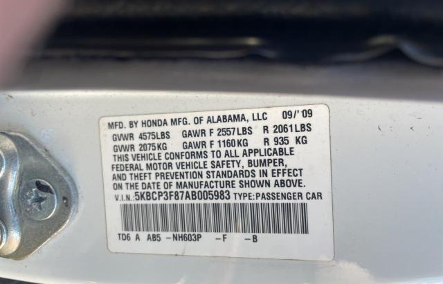 5KBCP3F87AB005983 - 2010 HONDA ACCORD EXL WHITE photo 10