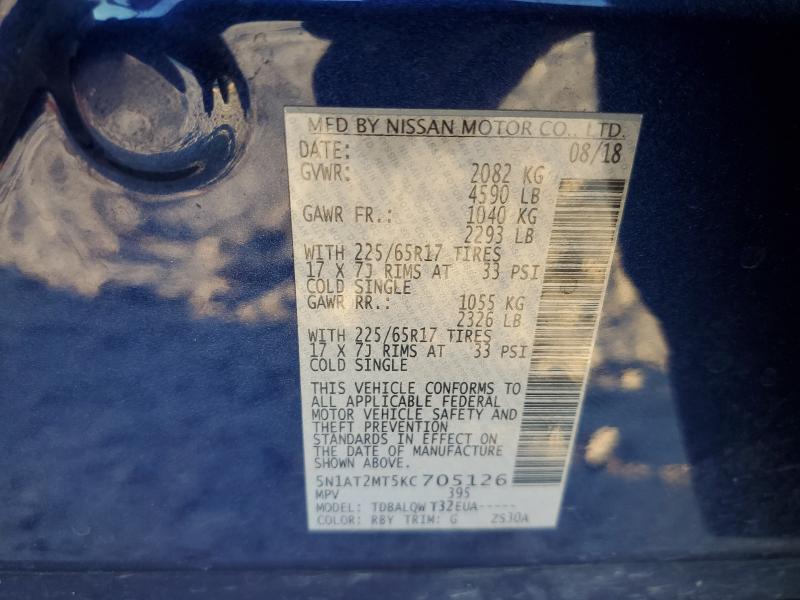 5N1AT2MT5KC705126 - 2019 NISSAN ROGUE S Կապույտ լուսանկար 13