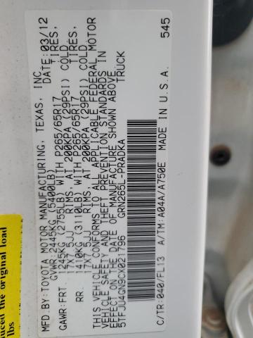 5TFJU4GN9CX021796 - 2012 TOYOTA TACOMA DOUBLE CAB PRERUNNER WHITE photo 12