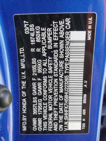 SHHFK7H58HU223265 - 2017 HONDA CIVIC EX BLUE photo 12