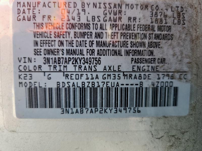 3N1AB7AP2KY349756 - 2019 NISSAN SENTRA S 银色 照片 12