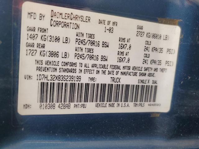 1D7HL32X83S239199 - 2003 DODGE DAKOTA SPORT BLUE photo 12