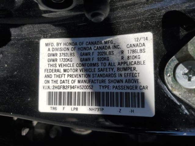 2HGFB2F94FH520052 - 2015 HONDA CIVIC EXL BLACK photo 12