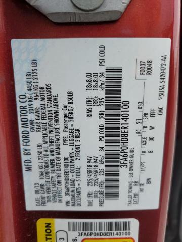 3FA6P0HD8ER140100 - 2014 FORD FUSION SE RED photo 12