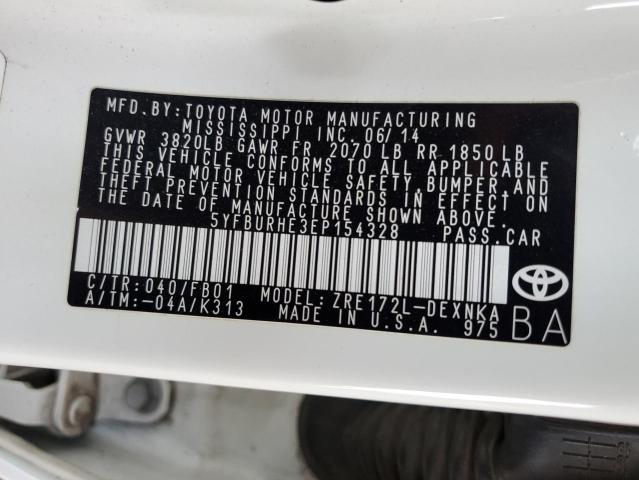 5YFBURHE3EP154328 - 2014 TOYOTA COROLLA L WHITE photo 12
