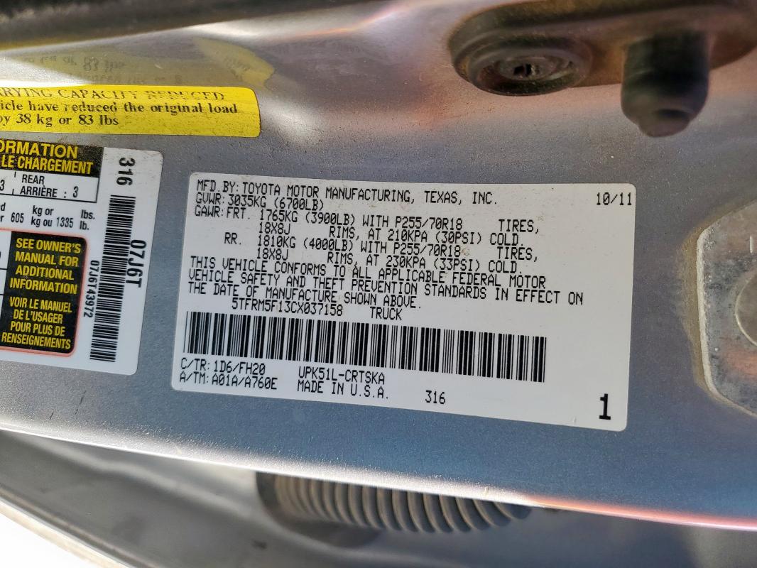 5TFRM5F13CX037158 - 2012 TOYOTA TUNDRA DOUBLE CAB SR5 SILVER photo 12