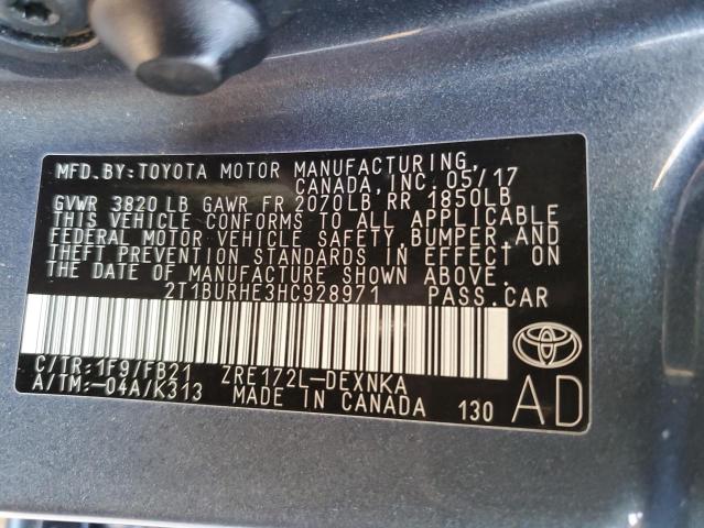 2T1BURHE3HC928971 - 2017 TOYOTA COROLLA L GRAY photo 12