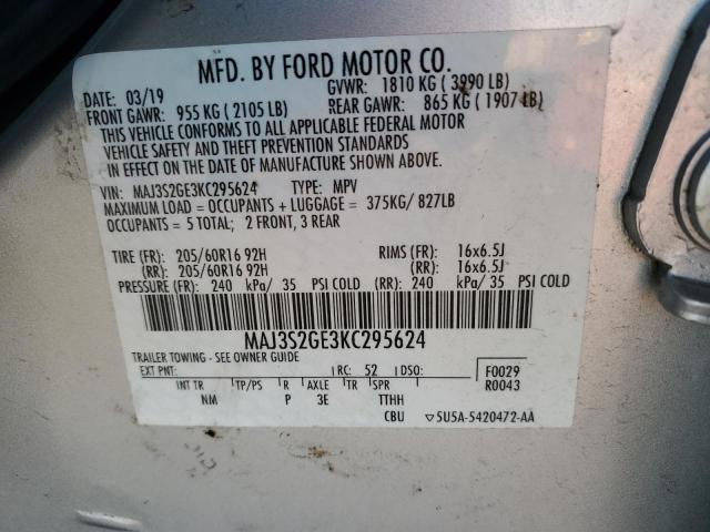 MAJ3S2GE3KC295624 - 2019 FORD ECOSPORT SE ვერცხლისფერი ფოტო 14