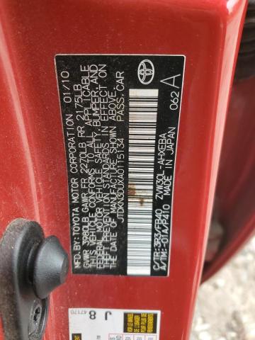 JTDKN3DUXA0115134 - 2010 TOYOTA PRIUS RED photo 12