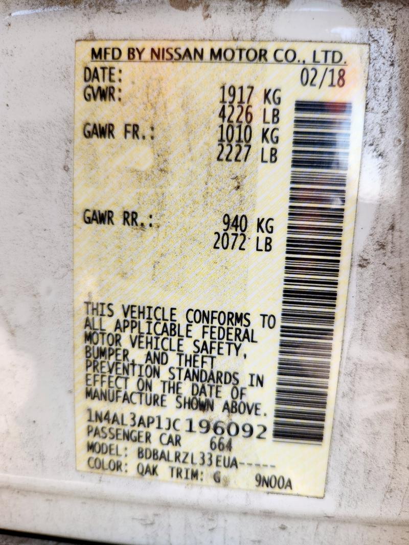 1N4AL3AP1JC196092 - 2018 NISSAN ALTIMA 2.5 WHITE photo 13