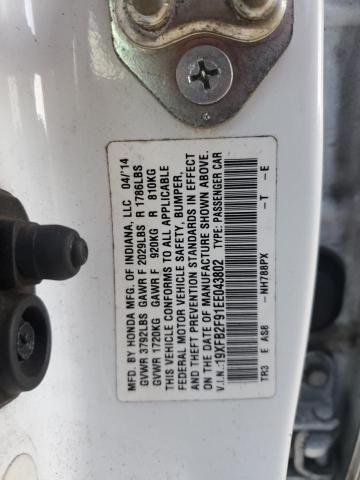 19XFB2F91EE043802 - 2014 HONDA CIVIC EXL თეთრი ფოტო 12
