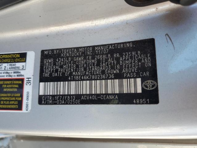 4T1BE46K78U236736 - 2008 TOYOTA CAMRY CE Күміс фото 13