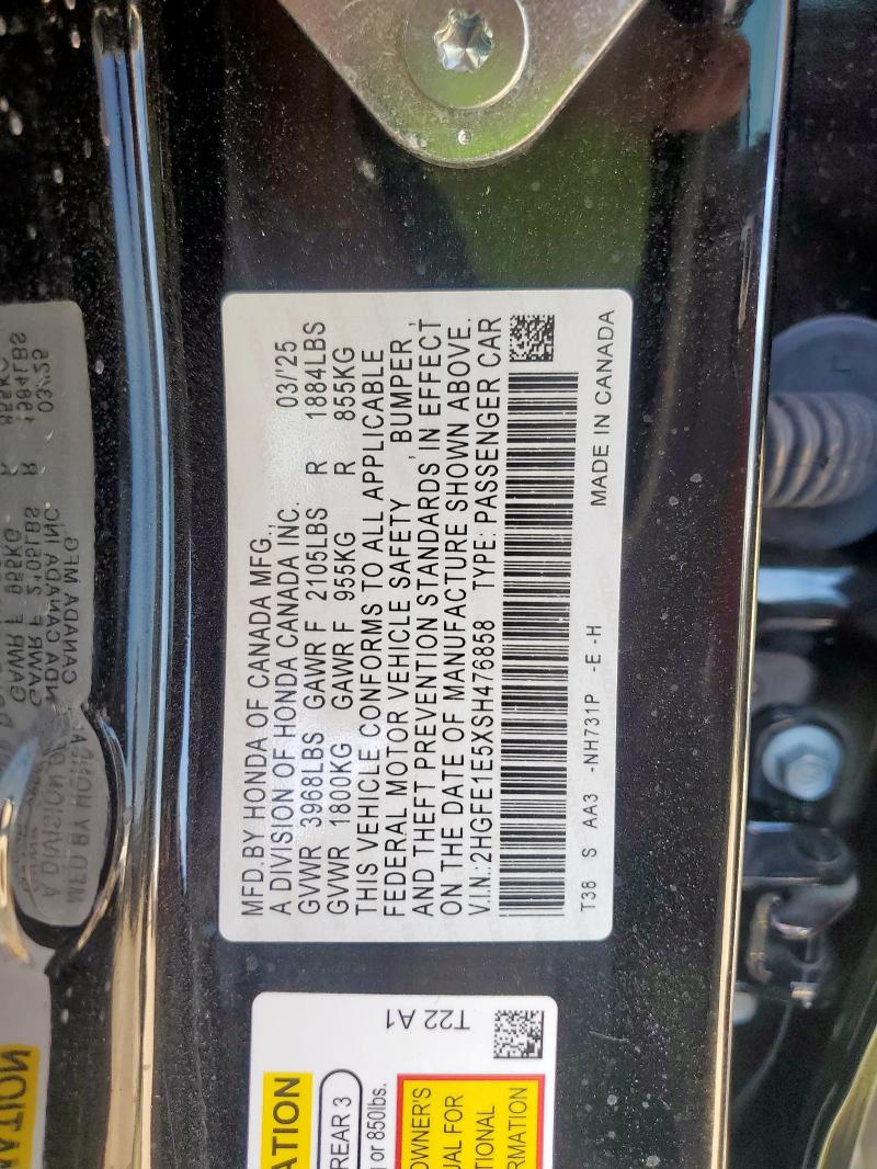 2HGFE1E5XSH476858 - 2025 HONDA CIVIC SI BLACK photo 12
