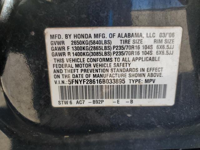 5FNYF28616B033895 - 2006 HONDA PILOT EX BLACK photo 13