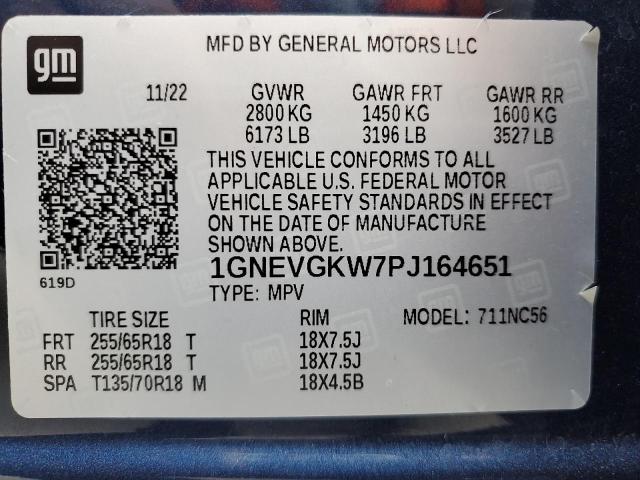 1GNEVGKW7PJ164651 - 2023 CHEVROLET TRAVERSE LT Կապույտ լուսանկար 13