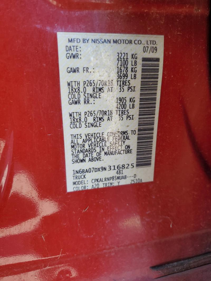 1N6BA07DX9N316825 - 2009 NISSAN TITAN XE RED photo 12