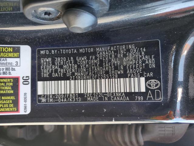 2T1BURHE0FC265128 - 2015 TOYOTA COROLLA L BLACK photo 12