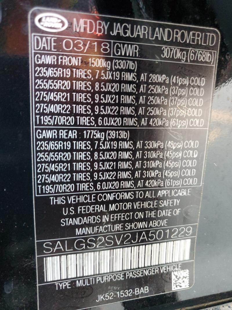 SALGS2SV2JA501229 - 2018 LAND ROVER RANGE ROVE HSE BLACK photo 13