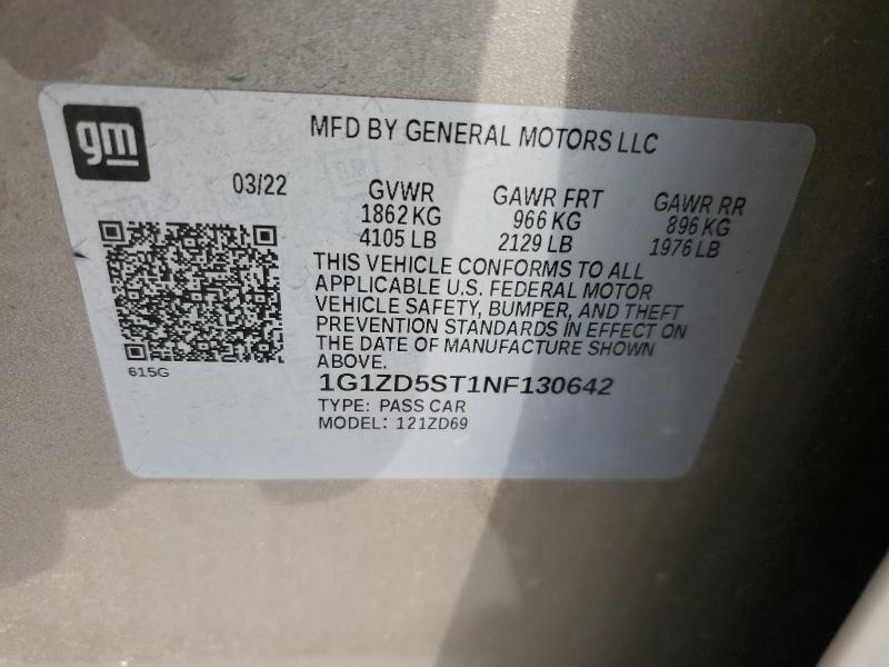 1G1ZD5ST1NF130642 - 2022 CHEVROLET MALIBU LT თაფლისფერი ფოტო 12