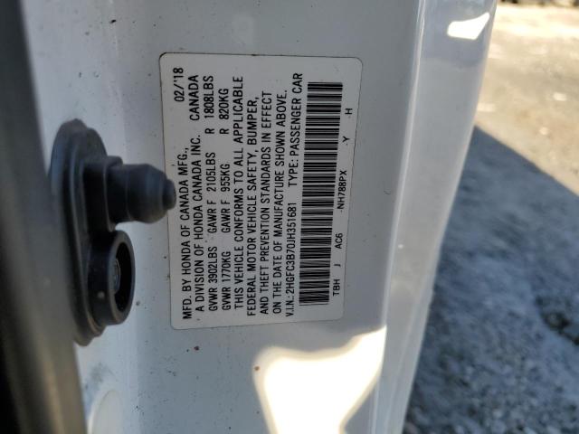 2HGFC3B70JH351681 - 2018 HONDA CIVIC EXL თეთრი ფოტო 12