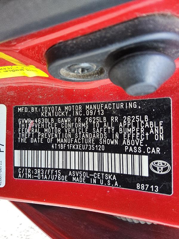 4T1BF1FKXEU735120 - 2014 TOYOTA CAMRY L RED photo 12