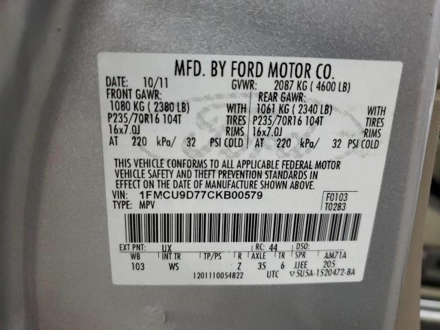 1FMCU9D77CKB00579 - 2012 FORD ESCAPE XLT SILVER photo 13