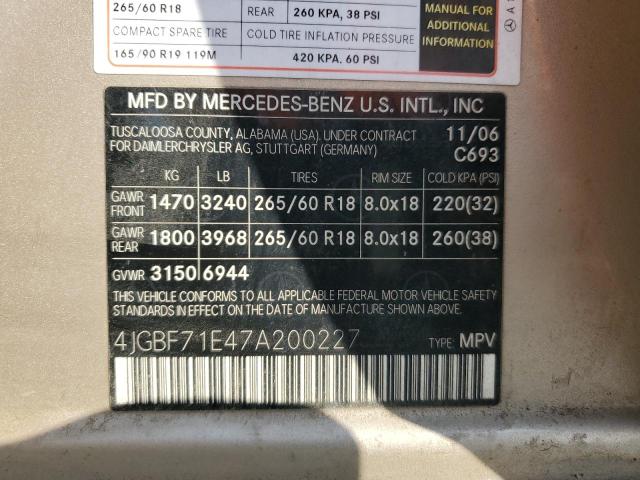 4JGBF71E47A200227 - 2007 MERCEDES-BENZ GL 450 4MATIC TAN photo 13