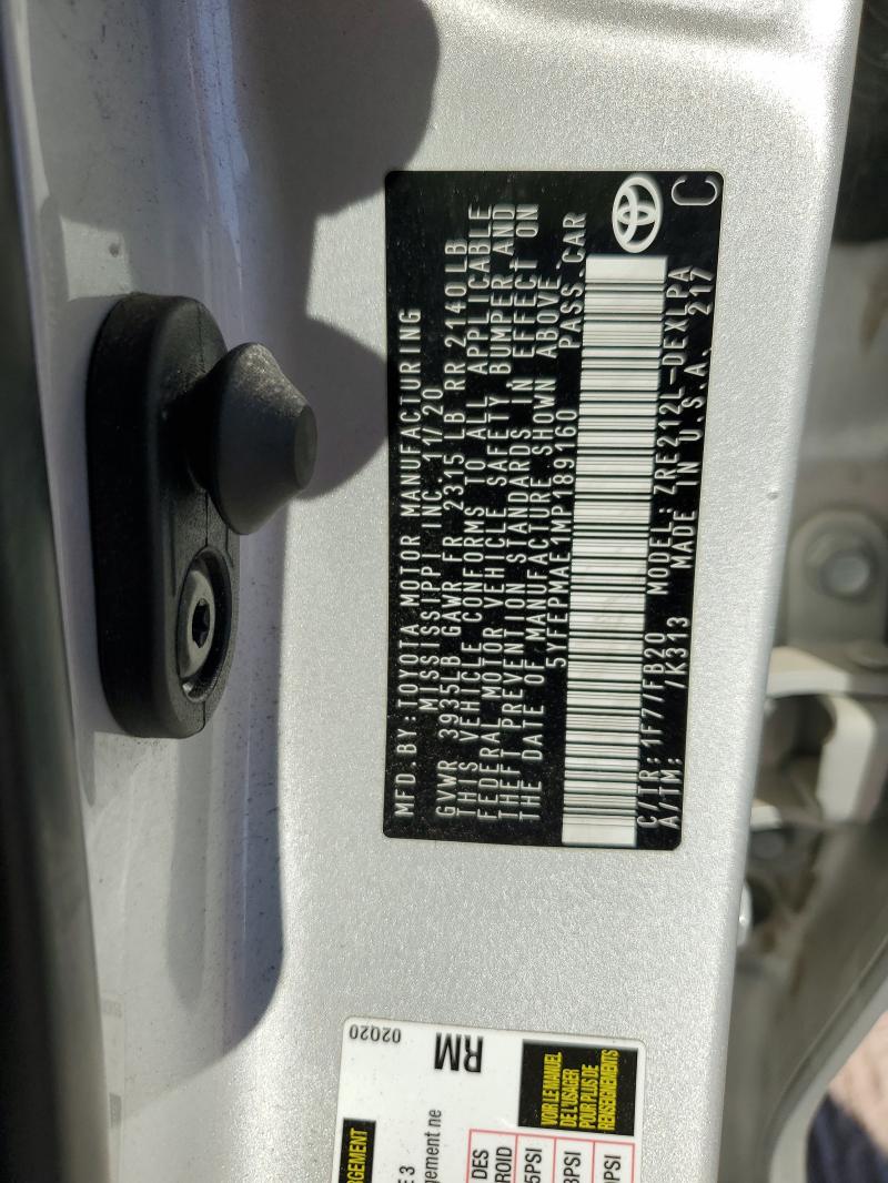 5YFEPMAE1MP189160 - 2021 TOYOTA COROLLA LE SILVER photo 12