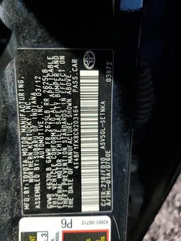 4T4BF1FK8CR203464 - 2012 TOYOTA CAMRY BASE BLACK photo 12