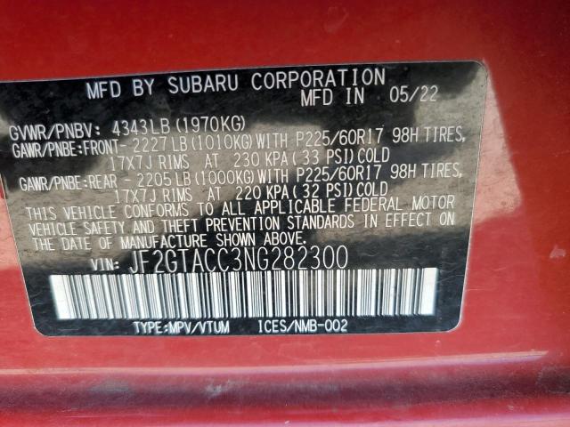 JF2GTACC3NG282300 - 2022 SUBARU CROSSTREK PREMIUM წითელი ფოტო 12
