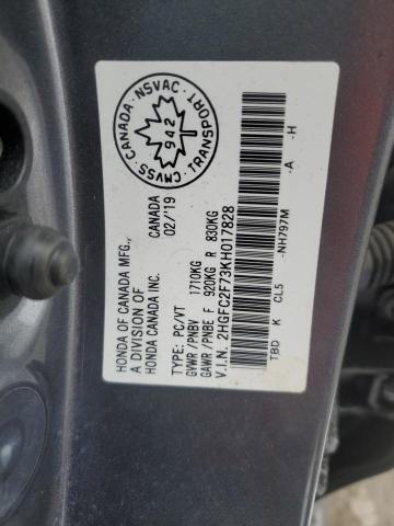 2HGFC2F73KH017828 - 2019 HONDA CIVIC EX ნაცრისფერი ფოტო 12