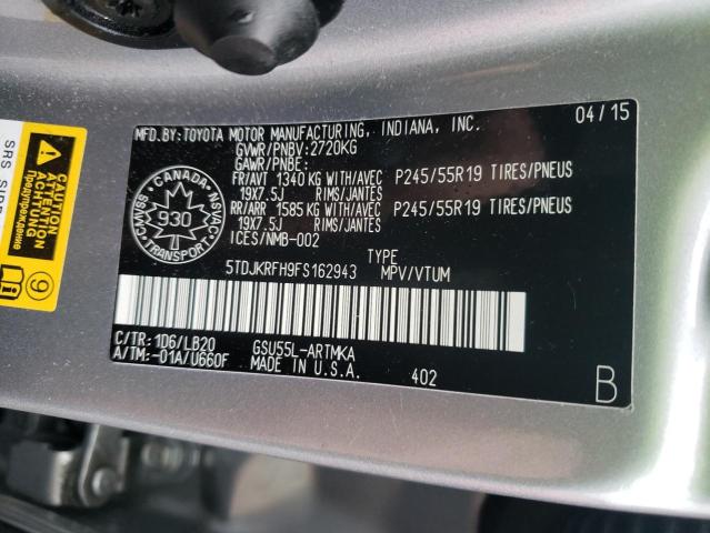 5TDJKRFH9FS162943 - 2015 TOYOTA HIGHLANDER XLE SILVER photo 13