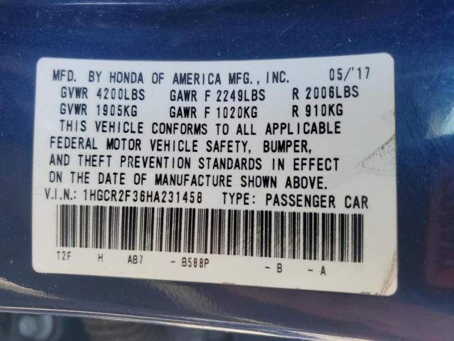 1HGCR2F36HA231458 - 2017 HONDA ACCORD LX BLUE photo 12