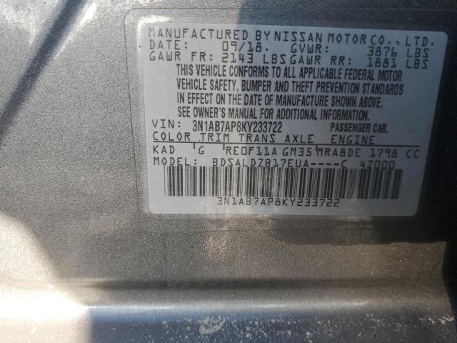 3N1AB7AP8KY233722 - 2019 NISSAN SENTRA S GRAY photo 12