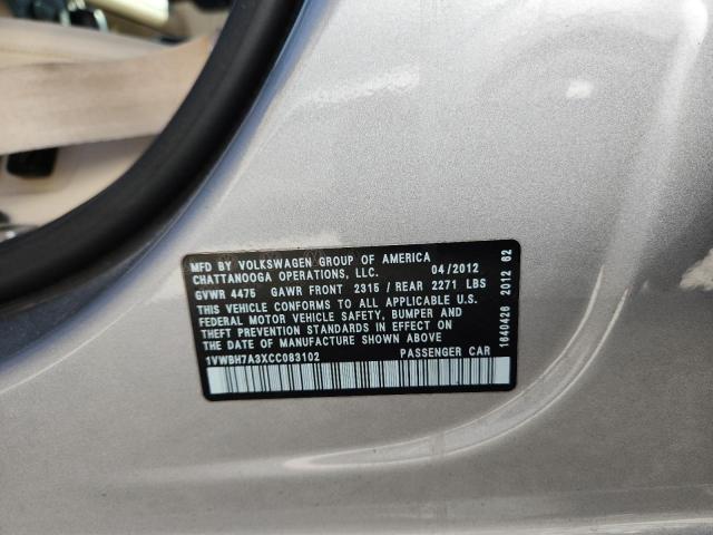1VWBH7A3XCC083102 - 2012 VOLKSWAGEN PASSAT SE ვერცხლისფერი ფოტო 12