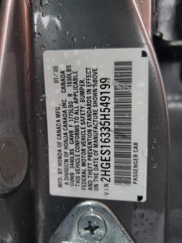 2HGES16335H549199 - 2005 HONDA CIVIC DX VP GRAY photo 12