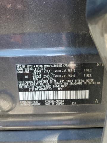 2T3Y1RFV4KW021794 - 2019 TOYOTA RAV4 LIMITED ნაცრისფერი ფოტო 12