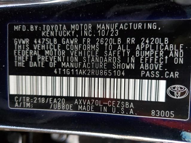 4T1G11AK2RU865104 - 2024 TOYOTA CAMRY SE NIGHT SHADE BLACK photo 12