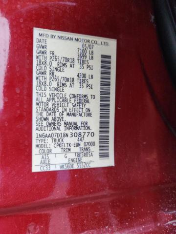 1N6AA07D18N308770 - 2008 NISSAN TITAN XE RED photo 12
