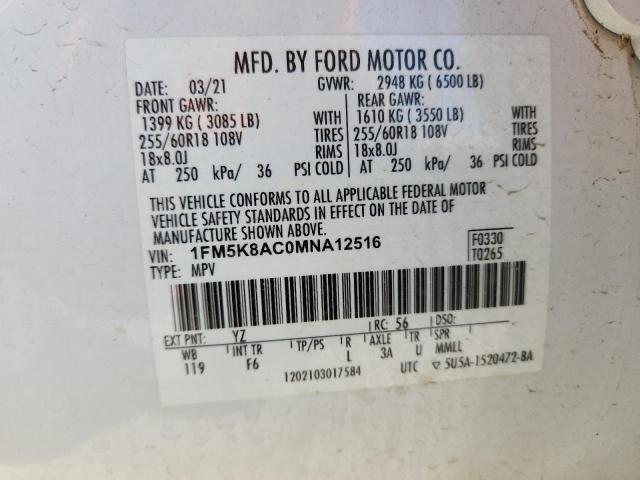 1FM5K8AC0MNA12516 - 2021 FORD EXPLORER POLICE INTERCEPTOR Weiß Foto 14